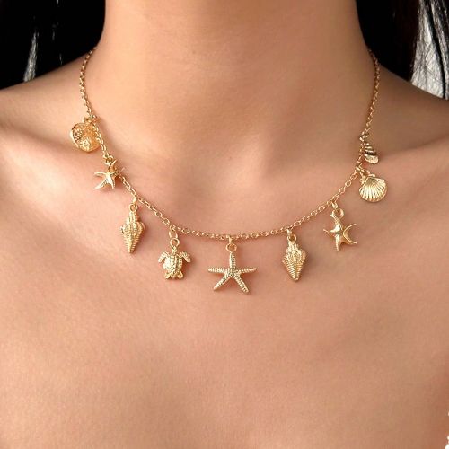 Pièce Collier pendentif en métal style bohème avec étoile de mer, tortue de mer et pompon, convient pour le port quotidien, les vacances à la pla - SHEIN - Modalova