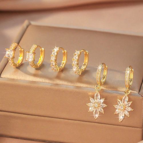 Pièces Boucles d'oreilles à incrustation de zircone cubique florale scintillante, accessoires mode personnalisés convenant pour un port quotidien, - SHEIN - Modalova