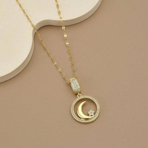 Pièce Collier de luxe en acier inoxydables avec décor de lune et d'étoiles incrusté de strass étincelants, mode - SHEIN - Modalova