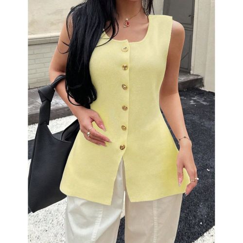 DEEKA Nouveaux arrivages Gilet sans manches en tricot avec boutons dorés style mode européen et américain décontractés, jaune beurre d'été - SHEIN - Modalova