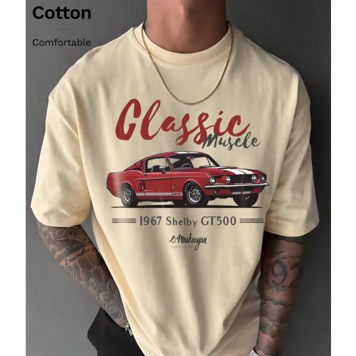 T-shirt en coton côtelé, imprimé muscle car classique, vêtements de sports de style universitaire printemps et été, hauts à manches courtes s d - SHEIN - Modalova