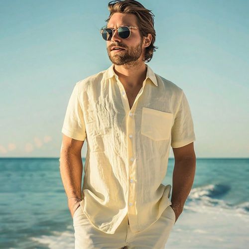 Chemise décontractée unie, veste à manches courtes, style décontracté, idéal pour la plage ou les vacances - SHEIN - Modalova