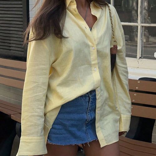 Chemise à manches longues jaune beurre Look Pollys, couleur unie à simple boutonnage, mode décontractée. Vêtements en coton traçables en automne - SHEIN - Modalova