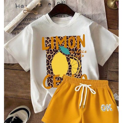 Costume deux pièces d'été, motif citron léopard, haut et pantalon, lettre OK en diamant chaud Bas, hauts de printemps et d'été T-shirt ample à - SHEIN - Modalova