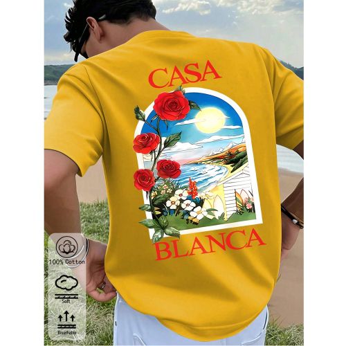 T-shirt en coton, imprimé plage rose romantique, vêtements de sports de style universitaire printemps et été, hauts à manches courtes s doux et r - SHEIN - Modalova