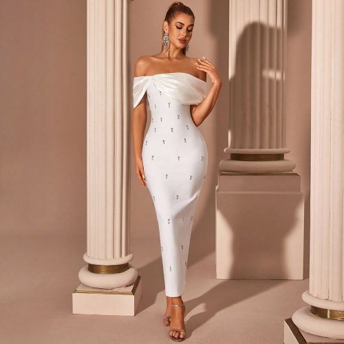 Robe de soirée mi-longue élégantes avec épaules dénudées, nœud, strass, dos nu, fente. Robe de cocktail pour mariage, événements formels et b - SHEIN - Modalova