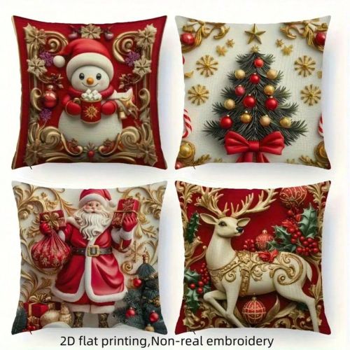 Pièces Housses de coussin en lin de Noël - Motifs Père Noël, Bon de neige et Renne. Décoration festive douce pour le salon et la chambre à couch - SHEIN - Modalova