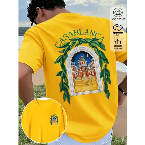 T-shirt en coton côtelé, imprimé château de nuit de lune, vêtements de sports de style universitaire printemps et été, hauts à manches courtes - SHEIN - Modalova