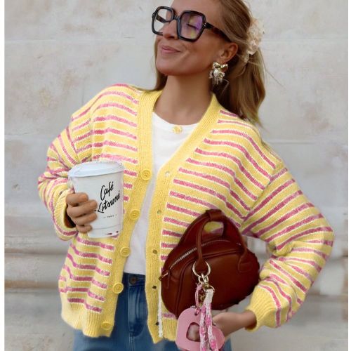 Cardigan rayé à manches longuess, décontracté et , convient pour l'automne et l'hiver - SHEIN - Modalova