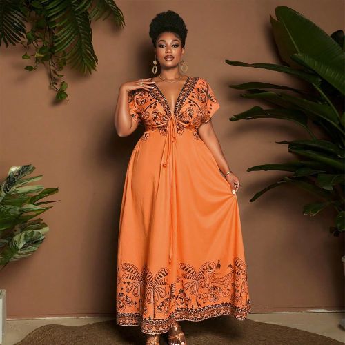 Robe Trapèze à Manches Ange Imprimé Arbre de Noix de Coco, Col V, Style Romantique et Élégant, Tailles Grandes - SHEIN - Modalova