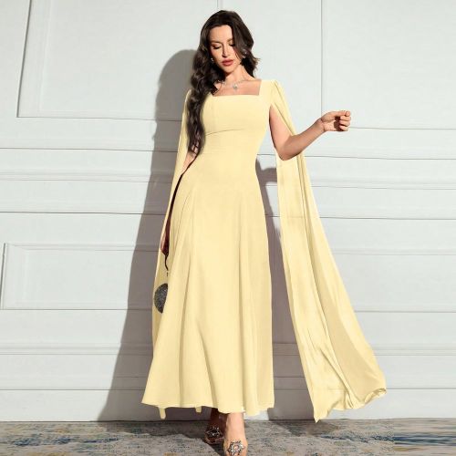 Robe longue simple et décontractée à manches longues et col carré de couleur unies, robe de soirée longue - SHEIN - Modalova