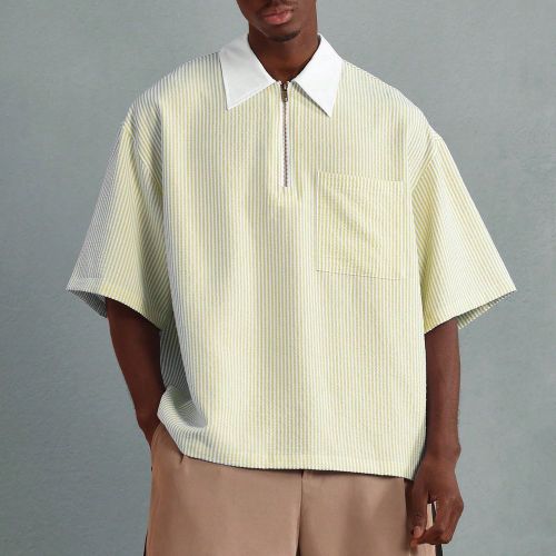 Polo à demi-zip rayé classique, style preppy rétro, manches courtes, ample, porter décontracté en été et au printemps, pour les week-ends - SHEIN - Modalova