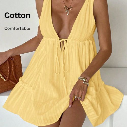 Robe mini d'étés, style de vacances, couleur unie, encolure en V profond, nœud devant, ourlet à volants - SHEIN - Modalova