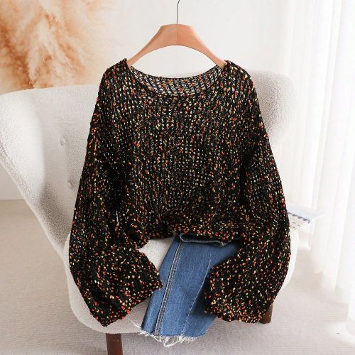 Pull oversize à col rond manches longues, motif à pois colorés et motif ajouré - SHEIN - Modalova