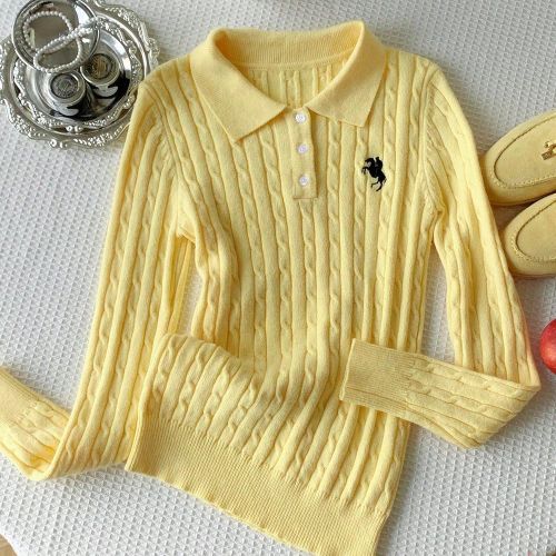 Pull à col polo, manches longues, en tricot torsadé avec broderie, de couleur jaune crème, nouveau modèle automnal - SHEIN - Modalova