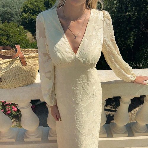 Robe moulante élégante avec col en V et manches lanterness, parfaite pour les vacances - SHEIN - Modalova