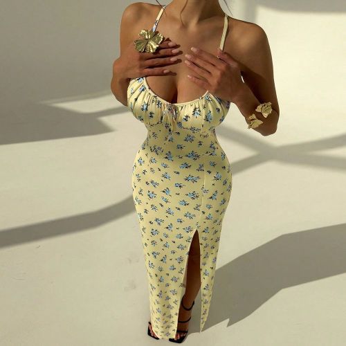 Robe sans manches fendue sur la cuisse avec imprimé floral et froncée avec torsade devants - SHEIN - Modalova