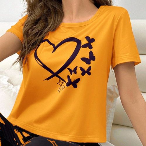 Top de pyjama décontractés à manches courtes avec imprimé papillon et cœur - SHEIN - Modalova