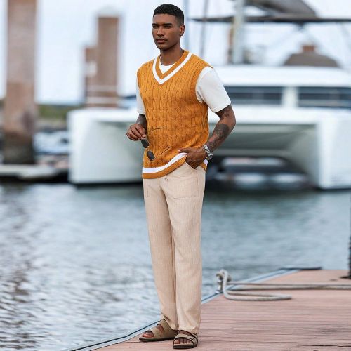 Gilet décontracté tricoté à col en V avec patchwork et câbless - SHEIN - Modalova