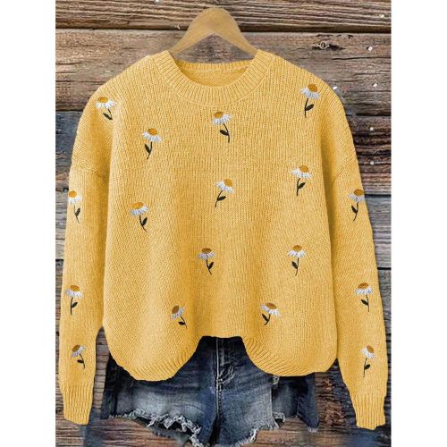 Pull oversize casual à manches longues avec broderie florale - SHEIN - Modalova