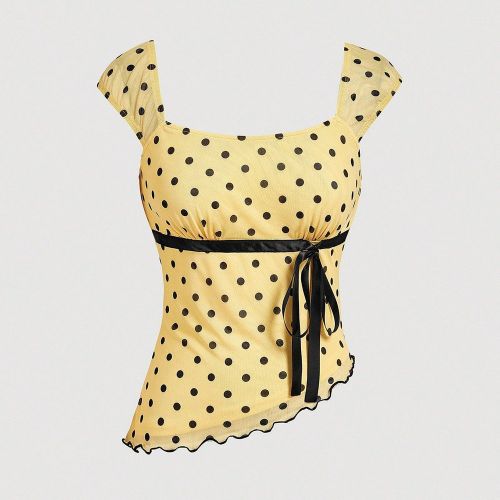 Blouse asymétrique en maille plissée avec nœud et imprimé à poiss - SHEIN - Modalova