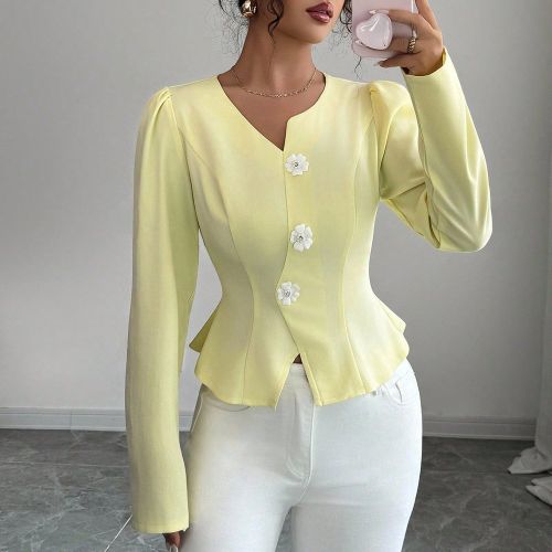 Chemise courte élégante jaune crème à col en cœur et manches bouffantes, couleur unie, idéale pour les fêtes, Noël, la Saint-Valentin, le prin - SHEIN - Modalova