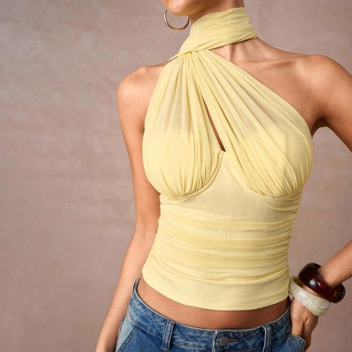 Top bustier à bretelles en mailles, jaune clair, jaune beurre, jaune mignon, habillé, pour les fêtes, les festivals, les vacances, la plage, les ma - SHEIN - Modalova