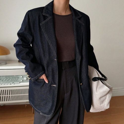 Veste et manteau en jean décontracté à manches longues, coupe ample, avec surpiqûres décoratives au cols - SHEIN - Modalova
