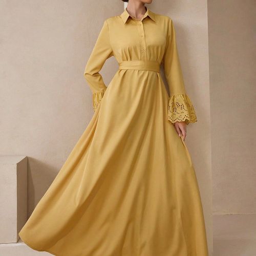 Robe élégante pour enseignante en patchwork brodé tissé, robe longue pour la rentrée scolaire, jaune - SHEIN - Modalova