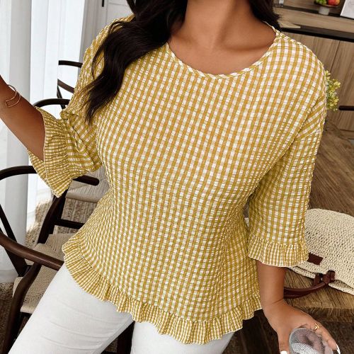 Chemise décontractée et polyvalente à col rond avec volants et imprimé à carreaux, grande taille - SHEIN - Modalova