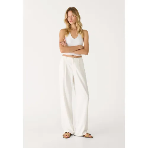 Pantalon droit en lin Écru 32 - Stradivarius - Modalova