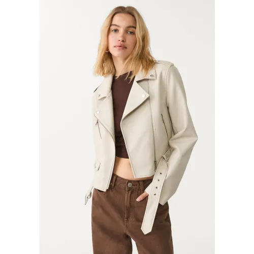 Blouson motard avec ceinture en similicuir Écru XS - Stradivarius - Modalova