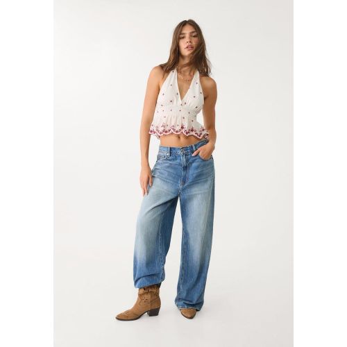 Top encolure américaine avec broderies contrastées Écru XS - Stradivarius - Modalova