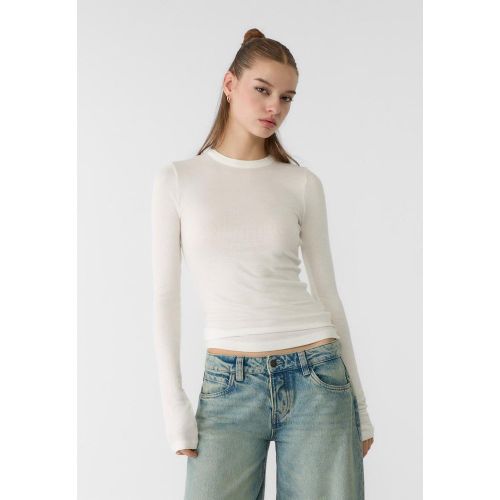 T-shirt manches longues côtelé Écru XS - Stradivarius - Modalova