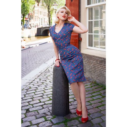 TopVintage exclusive ~ Olivia Cherry Dots Short Sleeve Pencil Dress Années 50 en Marine - topvintage boutique collection - Modalova