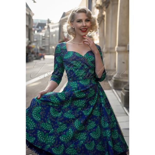 TopVintage exclusive ~ Amelia Peacock Long Sleeve Swing Dress Années 50 en Marine - topvintage boutique collection - Modalova
