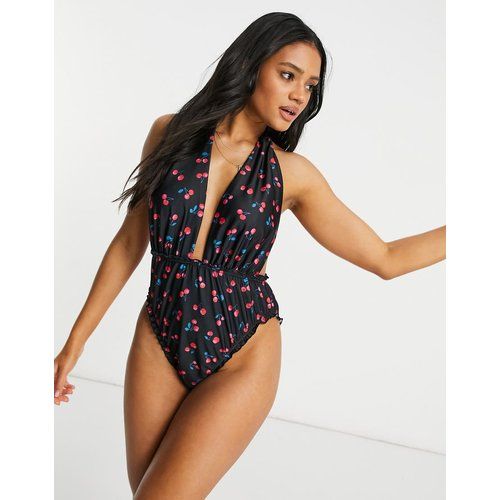 Maillot de bain dos nu à décolleté plongeant et bords ondulés avec imprimé cerises - ASOS DESIGN - Modalova