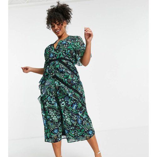 Robe rétro mi-longue à imprimé fleuri et dentelle contrastante - Vert et bleu - Hope & Ivy Plus - Modalova