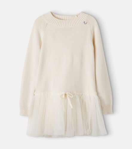 Robe-pull en coton et laine à finitions en tulle - Monnalisa - Modalova
