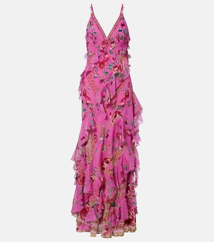 Robe longue en soie à fleurs et volants - Camilla - Modalova