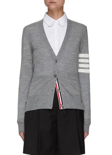 Four Bar Stripe Merino Wool V-Neck Cardigan - THOM BROWNE - Modalova