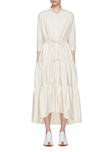 Band Collar Drawstring Waist Cotton Satin Blend Midi Flounce Dress - PESERICO - Modalova