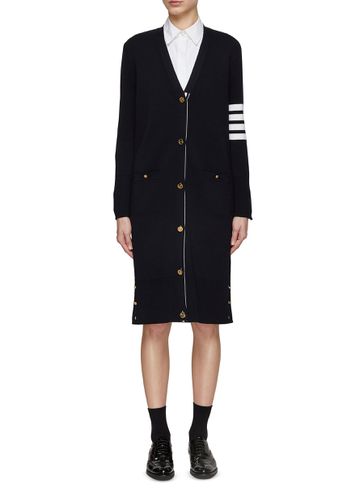 Bar V-Neck Merino Wool Knit Long Cardigan - THOM BROWNE - Modalova