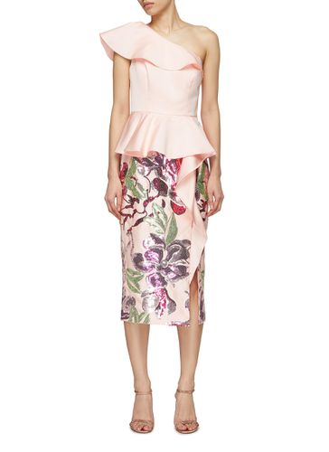 Sequined Floral Graphic Ruffled One Shoulder Midi Dress - MARCHESA NOTTE - Modalova