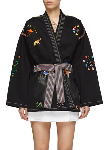 ‘Bon Voyage' Animal Embroidery Belted Kimono - MONOKI - Modalova