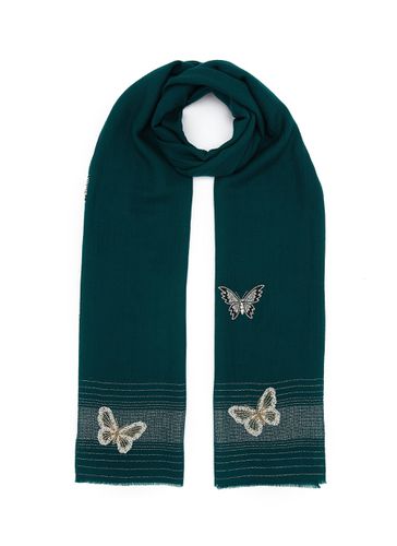 Flying Butterfly Embroidered Merino Wool Scarf - JANAVI - Modalova