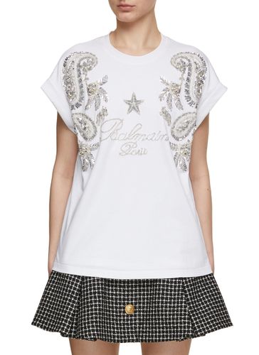 Crystal Embellished Paisley Cotton T-Shirt - BALMAIN - Modalova