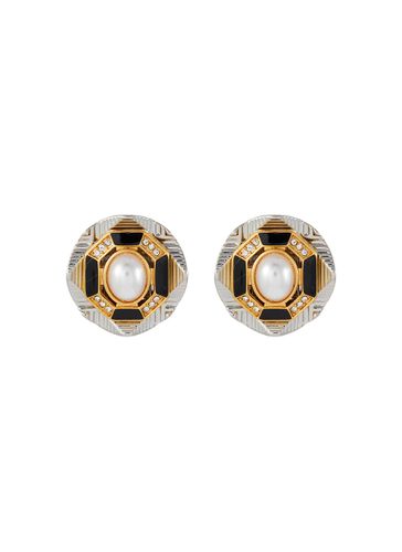Artificial Pearl With Geometric Gold And Silver Toned Metal Stud Earrings - VENNA - Modalova