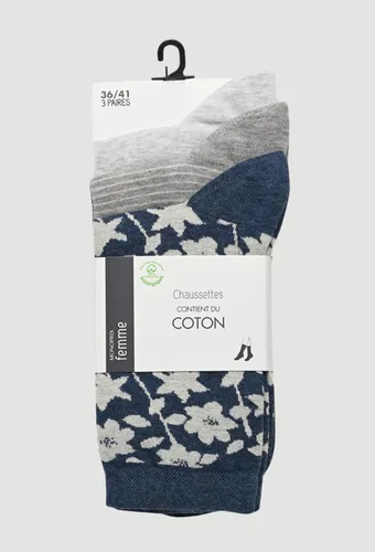 Lot de 3 paires de chaussettes fantaisie à fleurs en coton - MONOPRIX FEMME - Modalova