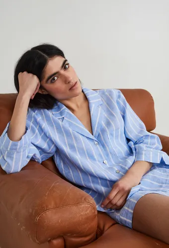 Pyjashort rayé manches longues en lin et coton - MONOPRIX - Modalova